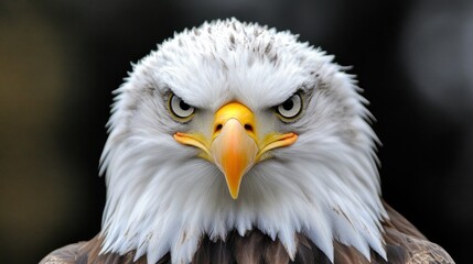 Obraz premium Close-up of a bald eagle, white feathers and bold stare contrasting with the black background, capturing elegance and strength.
