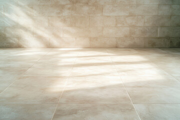 Bright and spacious interior with light colored tiled floor and wall, creating serene atmosphere. Ideal for modern design and minimalistic decor