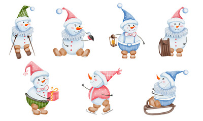 Set of vintage snowmen. Winter fun. Watercolor hand drawn illustration in kids style. Christmas element for cards, print, banners and other design