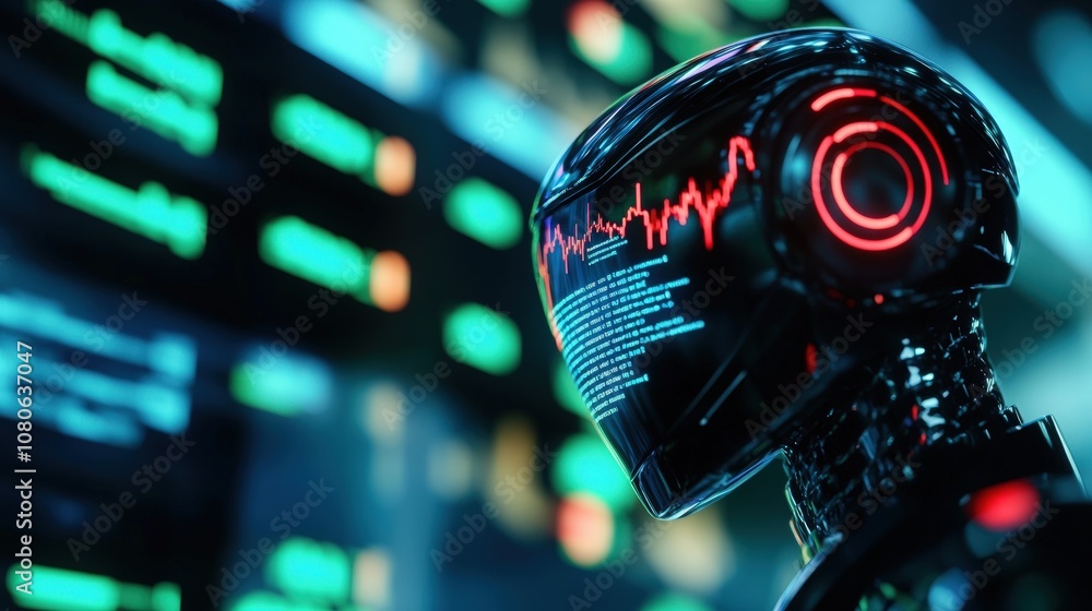 Poster futuristic ai robot with digital interface against a background of data and neon lights in a modern 