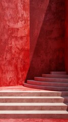 Fototapeta premium Vibrant red staircase with dramatic shadows, showcasing minimalist architecture and bold color contrast.