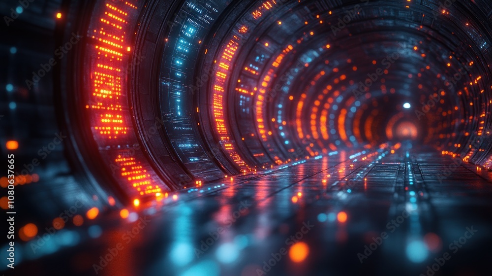 Poster futuristic tunnel with glowing elements in a sci-fi environment.