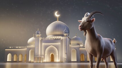 The mosque during the Eid al-Adha holiday. A crescent moon is depicted on the roof of the mosque. There is a brown goat next to the mosque, symbolizing the sacrifice associated with the holiday.