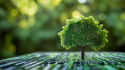 Green computing and sustainable technology symbolized by circuit board tree growing from motherboard
