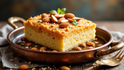 Fluffy kunafa topped with almonds on a copper tray.