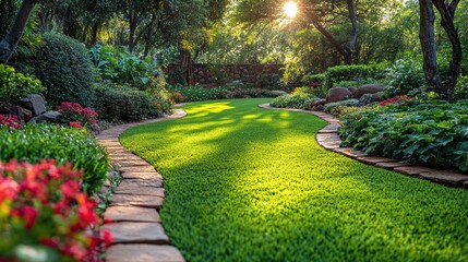 Obraz premium A picturesque garden with a winding path, surrounded by vibrant flowers and lush greenery, illuminated by warm sunlight filtering through the trees