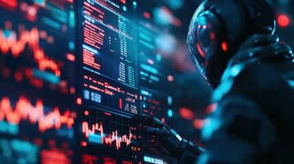 Futuristic data analysis with AI interface, showcasing a high-tech digital environment and advanced analytics.