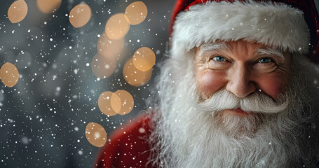 Santa Claus smiling warmly during a snowy winter evening celebration. Generative AI.