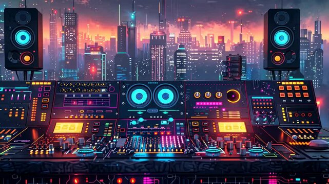 A vibrant DJ booth overlooking a futuristic city skyline at sunset.