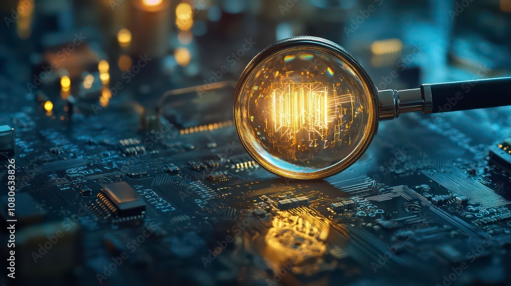 Poster a magnifying glass is placed over a circuit board, highlighting a glowing light bulb.