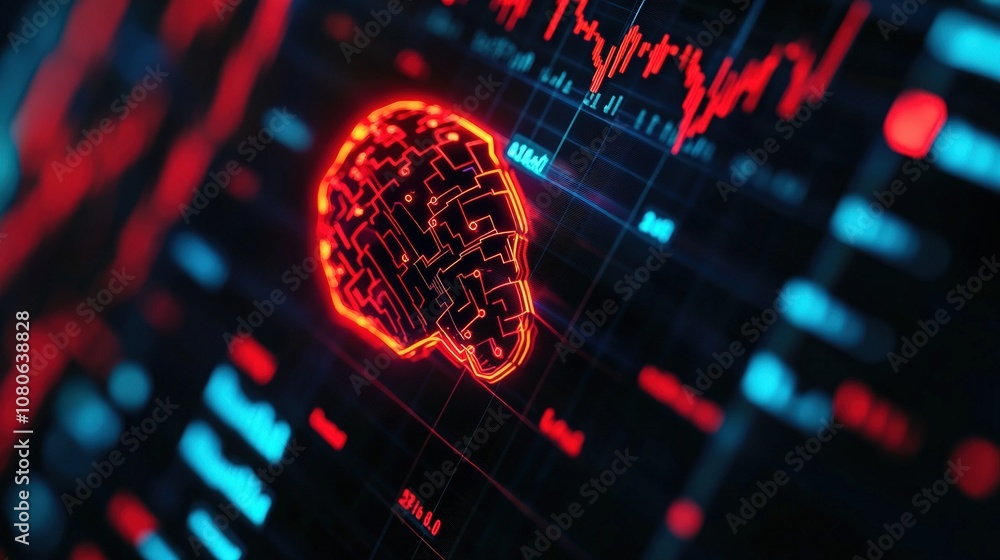 Poster futuristic digital brain interface with red glowing lines, symbolizing ai and data analysis in moder