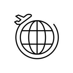 Globe plane icon. Simple outline style. Travel around the world, airplane, world map, globe, round, circle, transportation concept. Thin line symbol. Vector illustration isolated.