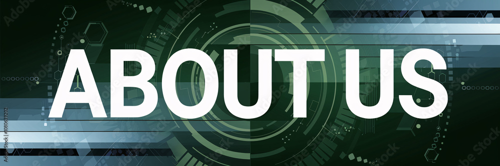 Poster about us text centered on a green and blue tech-themed digital background with sleek interface eleme