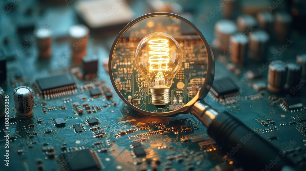 Poster magnifying glass focusing on light bulb idea over circuit board for innovative solution highlights, 