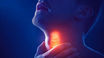 Man suffering from painful sore throat touching neck