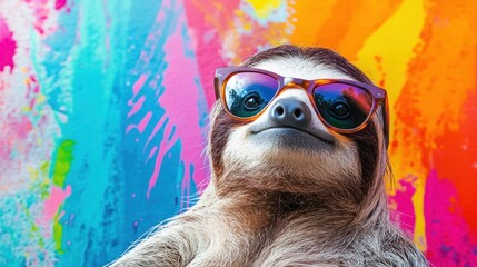 Naklejka premium Cool sloth with sunglasses against a bright, lively background, combining humor and style in a quirky, colorful image.