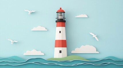 Majestic Lighthouse Illuminating the Coastal Landscape with Seagulls and Waves in 3D