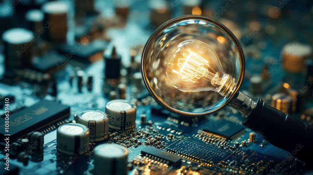 Poster magnifying glass focusing on light bulb idea over circuit board for innovative solution highlights, 