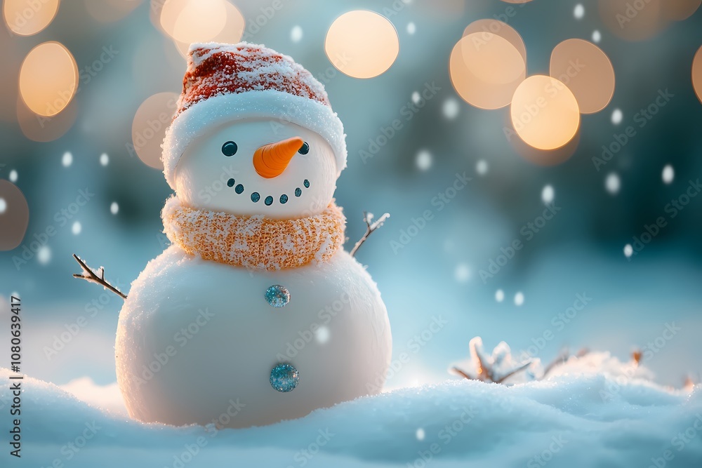Poster a cheerful snowman with a carrot nose stands in the snow as it snows gently. generative ai.