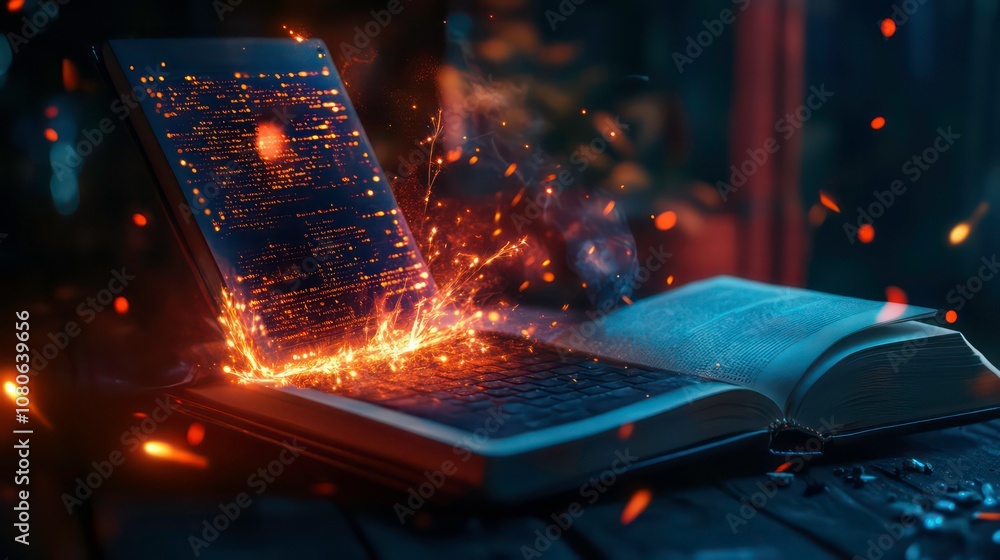 Fototapete A laptop computer open with fire and sparks coming from the screen as if it is being hacked or is a digital fire.