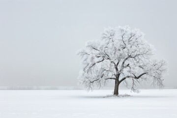 Fototapeta premium A tree covered in snow is standing in a field. The sky is gray and the snow is white