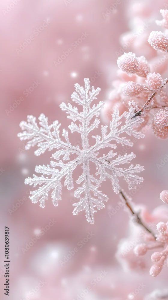 Poster minimalist winter background with a delicate snowflake on frosty branches. generative ai.