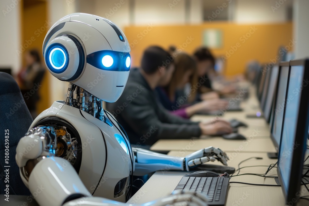 Aufkleber Futuristic Collaboration Integrating AI Robots in Tomorrows Workplace to Enhance Productivity and Efficiency in Automation, Business Processes, and Coding Through Innovative Technologies