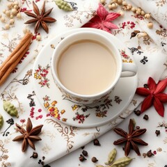 An Intricate Tea Time Layout with a Delicate Tea Set Surrounded by Spices and Botanical Accents on a Soft Textile Background