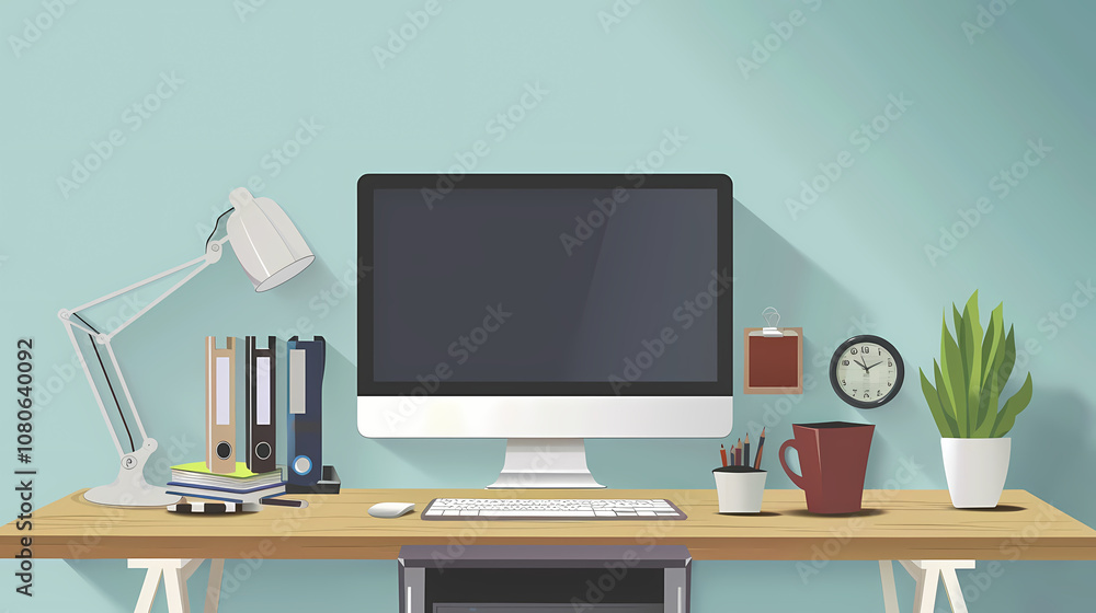 Poster office desk with computer generated ai