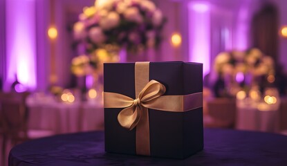 An elegant black gift box with a gold ribbon, placed on an opulent table in the foreground of a luxurious ballroom at night, 