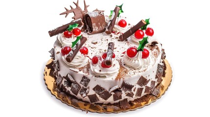 A Beautiful Cake with Delightful Christmas Decorations, Standing Isolated on a Pristine White Background. A Festive and Tempting Treat in a Simple Setting.
