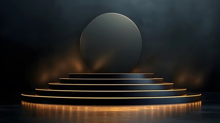 Black and gold podium with layered steps in a dramatic setting. Generative AI.