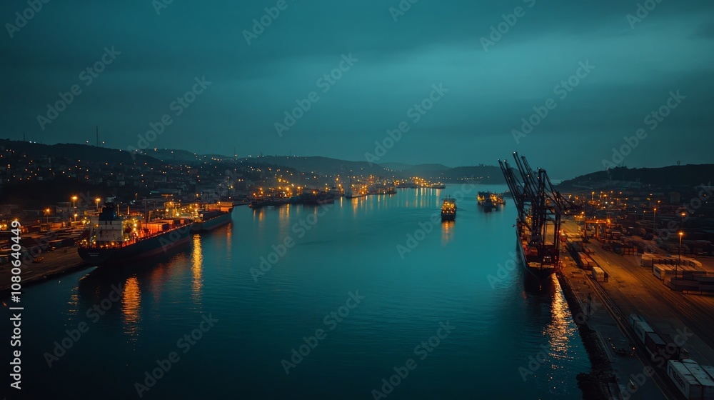 Aufkleber a view of a busy port at dusk with ships docked and cranes working.