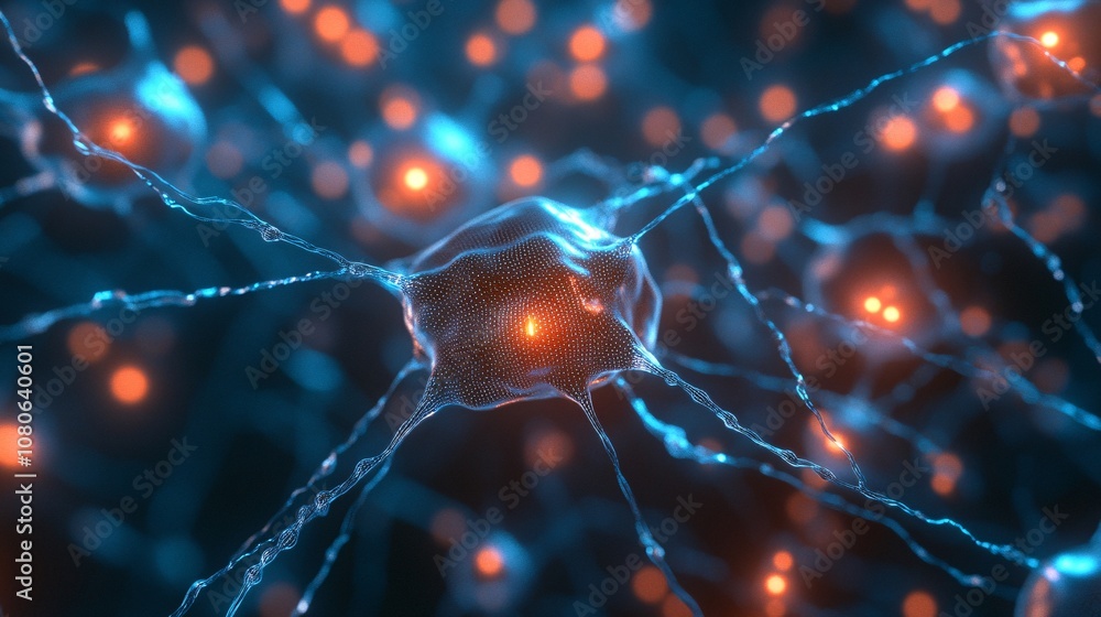 Aufkleber Neuron transmitting signals in brain, neural network communicating, artificial intelligence, deep learning