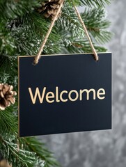 Luxurious Gold Foil Welcome Sign Hanging in a Dark Green Pine Tree with Natural Elements and Festive Decor Perfect for Holiday and Seasonal Decorations