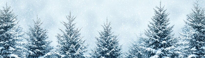 Obraz premium Snow-covered evergreen trees in a serene winter landscape with falling snowflakes.