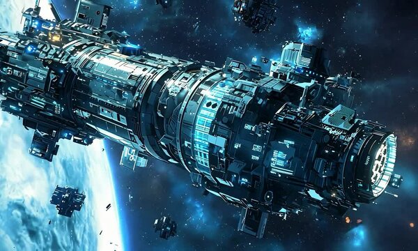 Cybernetic space station in the style of graphic design, metallic silver and digital blue tones, dynamic animations, flattened perspective, akin to Chad Knight's artistry.