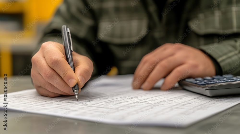 Poster businessperson reviewing inventory sheets with order lists and calculation tools