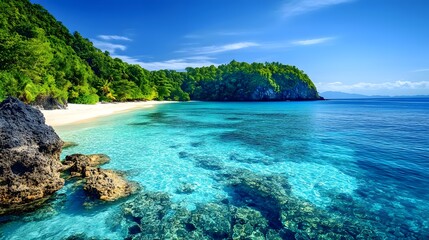 Fototapeta premium A pristine tropical beach with crystal clear turquoise water, lush green vegetation, and rocky outcroppings.