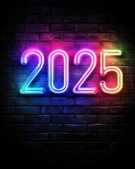A Stunning Neon Sign Displaying the Year 2025 in Bright Vibrant Colors Against a Dark Brick Wall, Perfect for New Year Celebrations and Modern Aesthetics