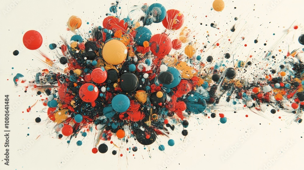 Poster dynamic abstract artwork featuring a burst of colorful spheres and splashes, creating a sense of mot