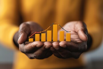 Hands holding bar chart financial growth infographic studio setting close-up investment returns visualization