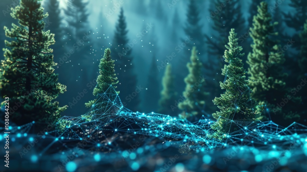 Poster a misty forest with glowing blue lines and dots, creating a futuristic and ethereal landscape.