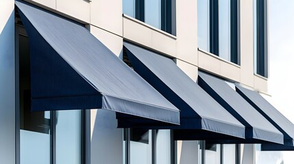 Obraz premium Stylish Row of Modern Awnings in Deep Blue and Gray - Neatly Arranged Fabric Shades on Contemporary Building Facade with Soft Lighting and Textured Reflections