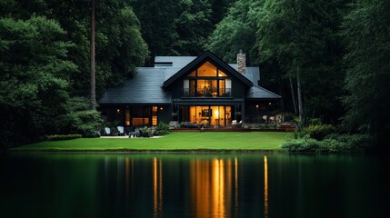 Fototapeta premium Rustic two-story cabin with illuminated windows near a serene lake surrounded by dense forest during dusk, reflecting on the water's surface
