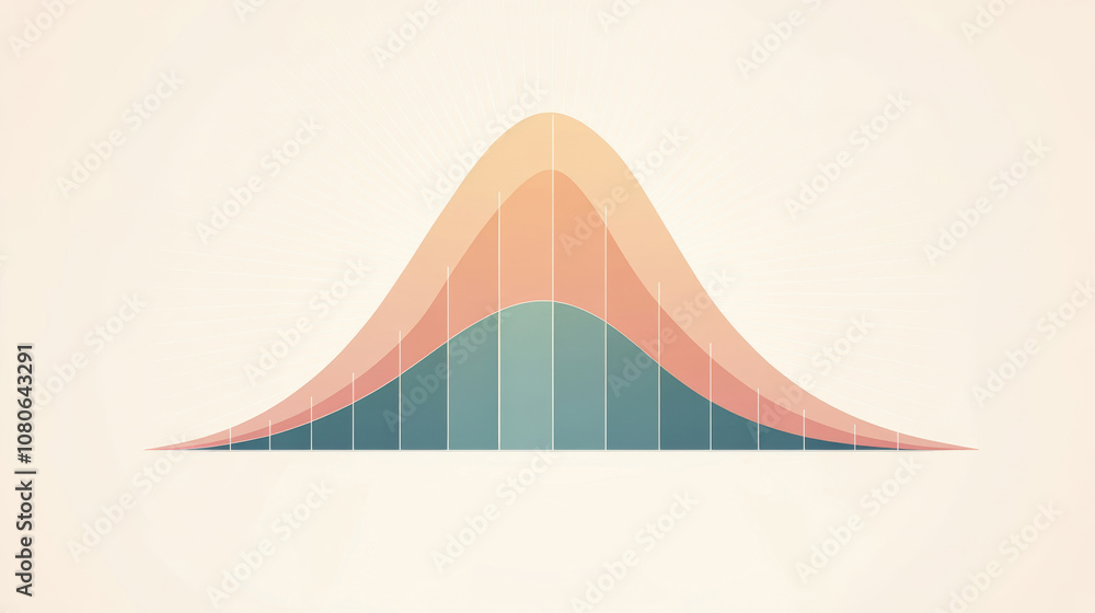 Poster minimalist illustration of a normal distribution curve with overlapping layers in soft colors, visua