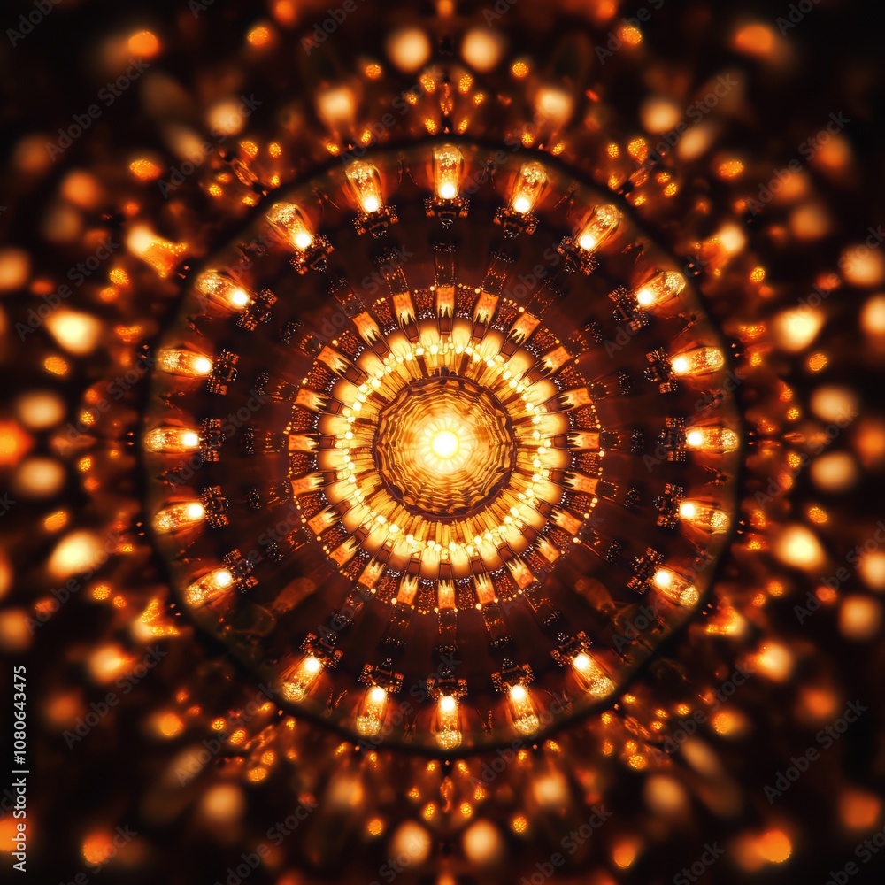 Poster a large circle of lights with a yellow hue. the lights are arranged in a spiral pattern. the circle 
