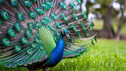 Obraz premium Vibrant Peacock Close-Up with Intricate Feather Patterns in Display