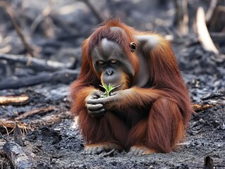 An orangutan sits on the ground, observing a young plant in its hands, amidst a burnt landscape, reflecting the impact of deforestation and nature's resilience.