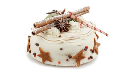 A Beautiful Cake with Delightful Christmas Decorations, Standing Isolated on a Pristine White Background. A Festive and Tempting Treat in a Simple Setting.